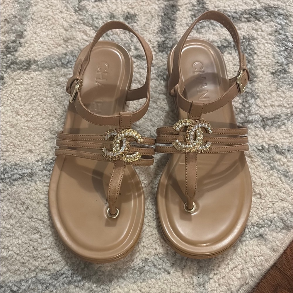 Chanel Nude Beige Logo T-Strap Sandals
